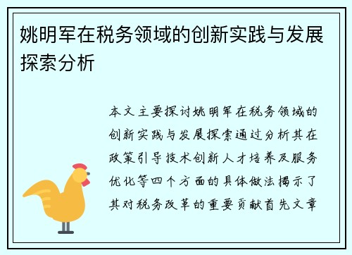 姚明军在税务领域的创新实践与发展探索分析